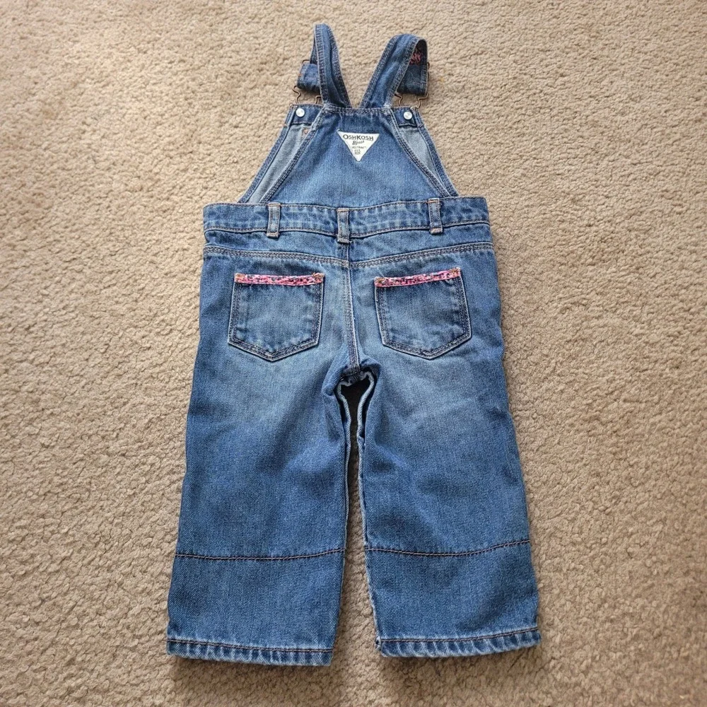 OshKosh Bgosh Baby Girls Blue Denim Floral Trim Vestbak Overalls 12M Medium Wash